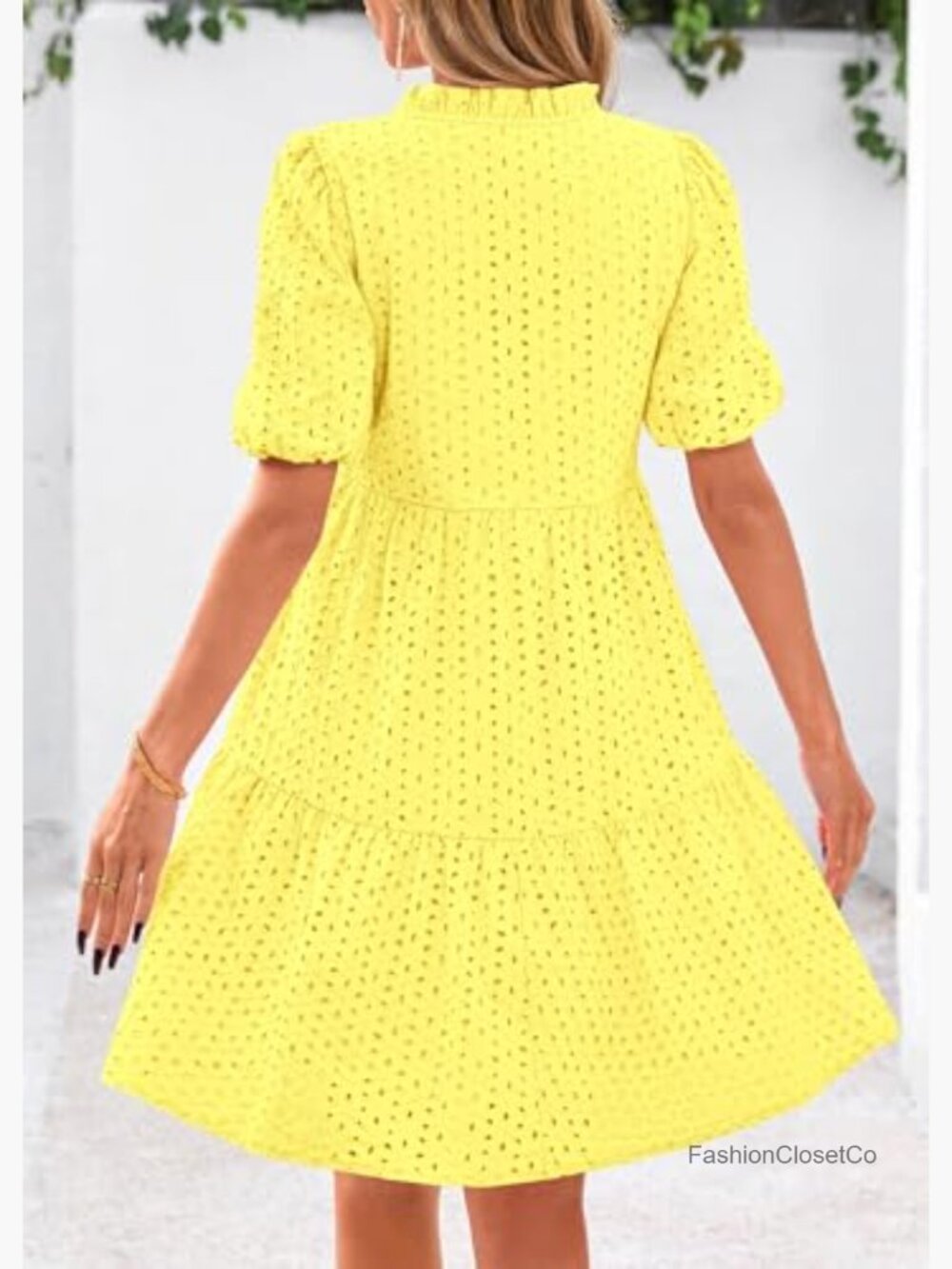 Eyelet Summer Mini Shift Dress with Pockets Short Sleeve V-Neck Tiered Cotton - Picture 2 of 7